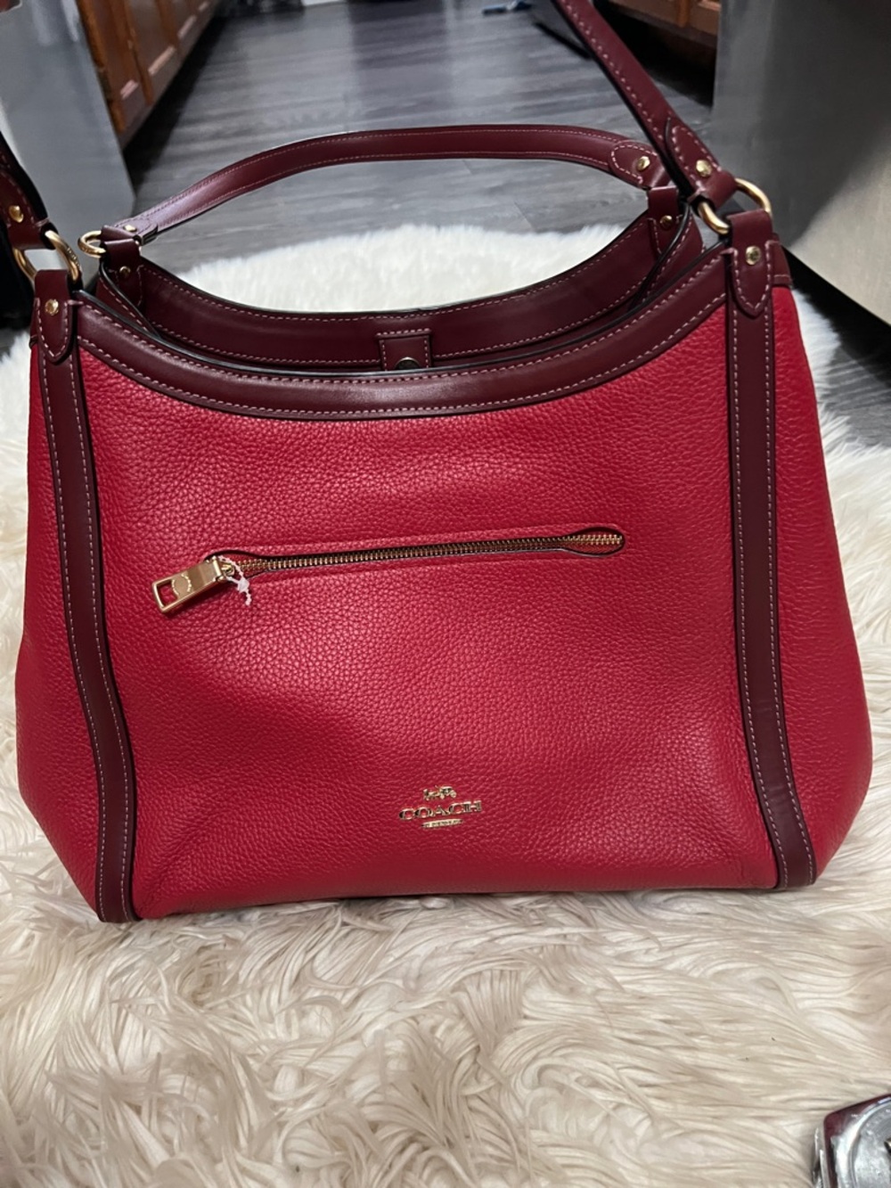 Coach Kristy Red Pebbled Leather Shoulder Bag with Dark Brown Trim